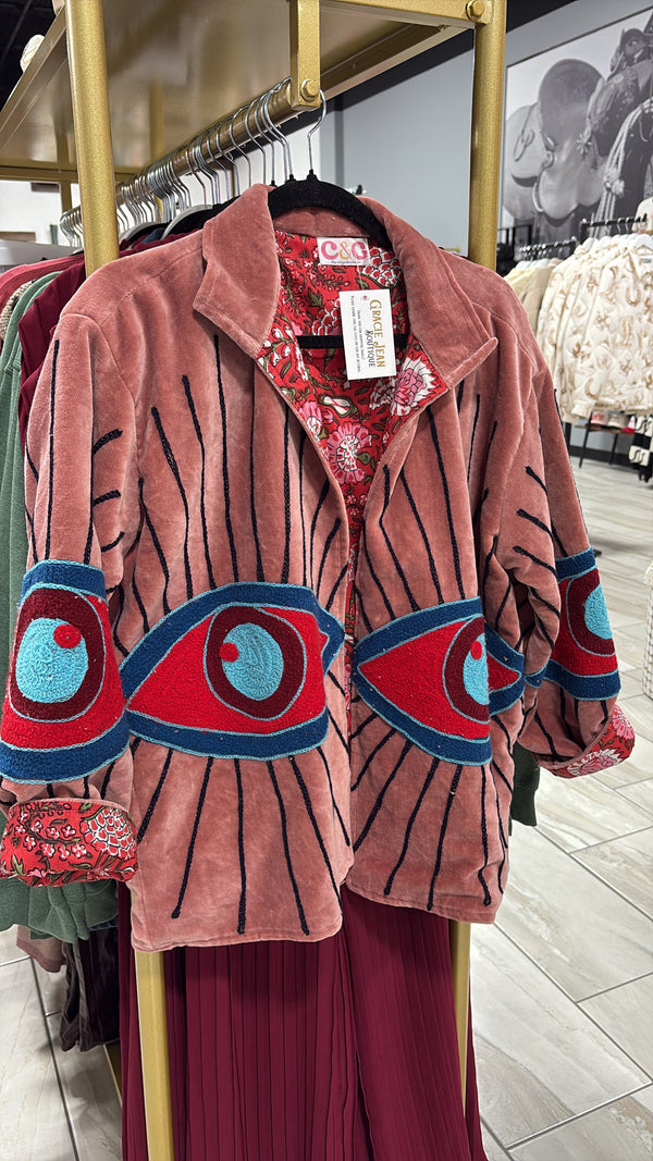 Velvet Statement Jacket - Red Evil Eye