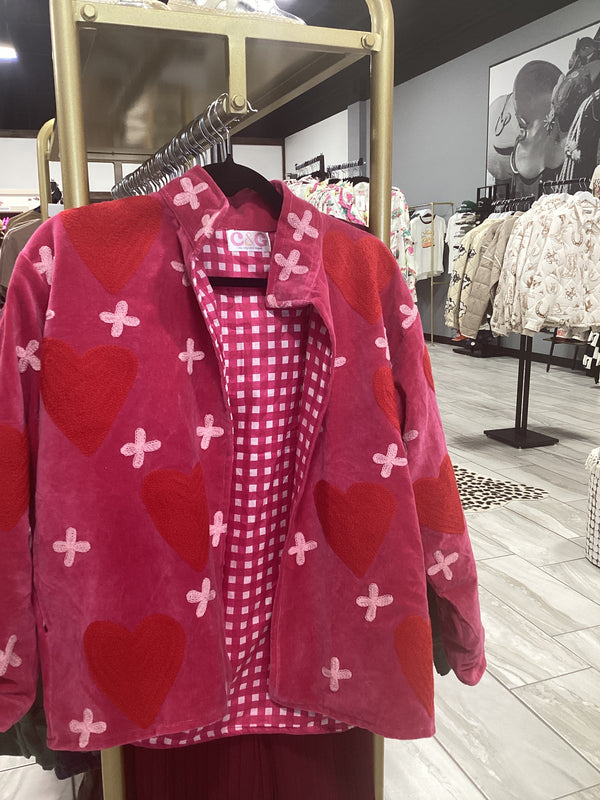 Velvet Statement Jacket - Red Heart & Cross