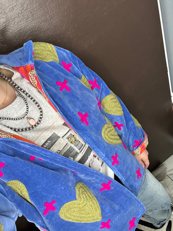 Velvet Statement Jacket -Green Heart & Pink Cross