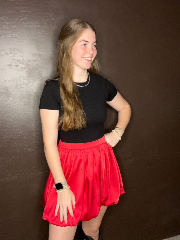Desert Bloom Satin Bubble Mini Skirt:Red