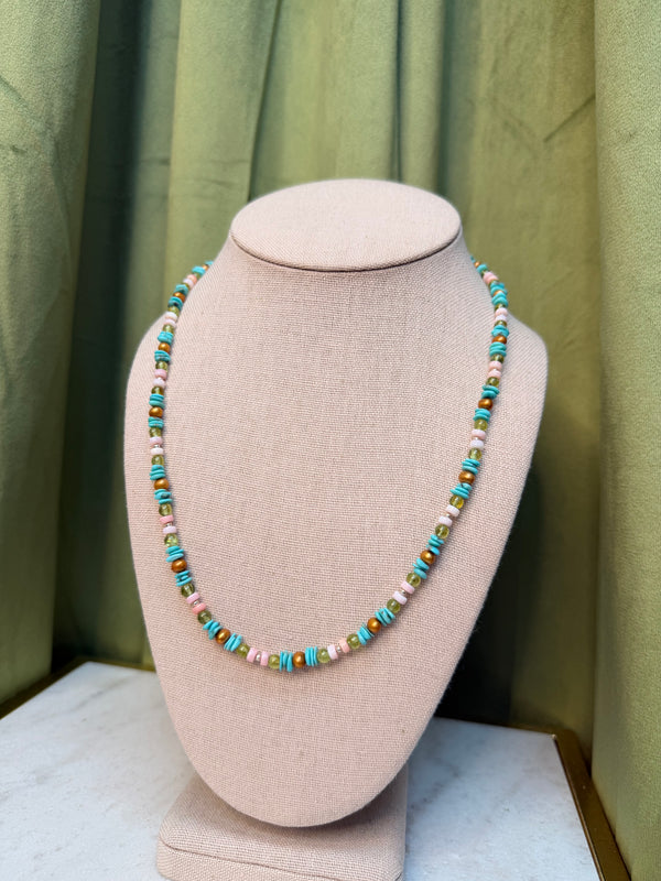 Pink Conch, Turquoise, Green & Cooper Beaded Necklace - 18"