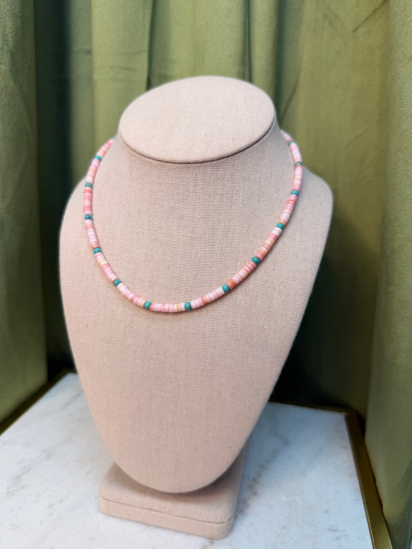 Pink Conch & Turquoise Beaded Necklace - 14"