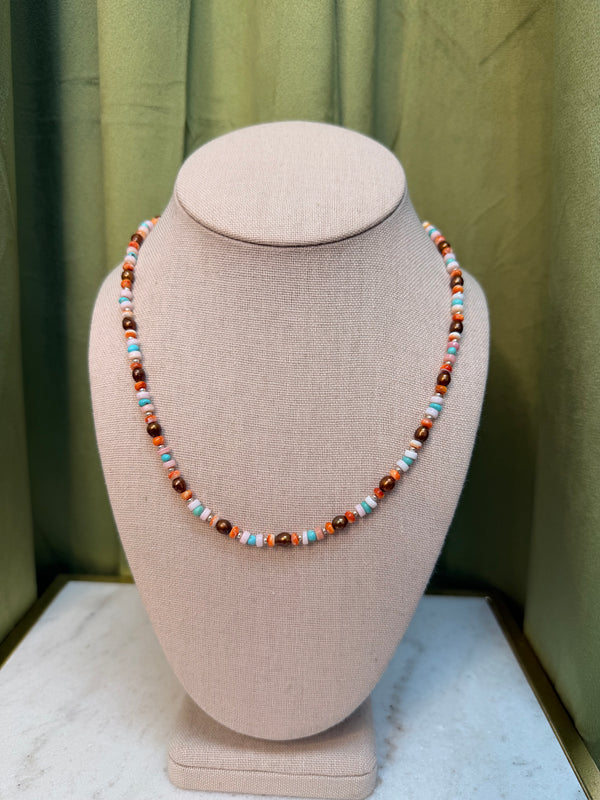 Pink Conch & Orange Spiny Beaded Necklace - 16"