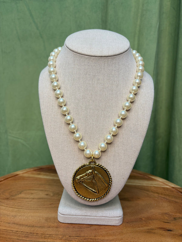 Vintage Faux Pearl Necklace w/ Gold Plated Horse Pendant