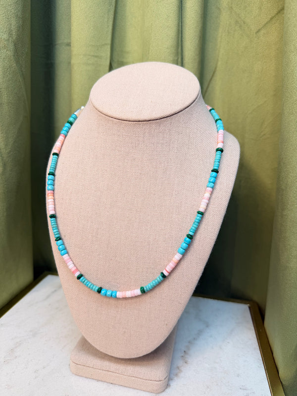 Turquoise , Pink Conch & Green Beaded Necklace - 18"