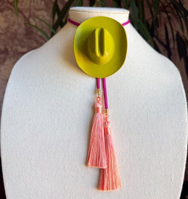 Cowboy Hat Bolo - Olive Green with Fuchsia & Peach